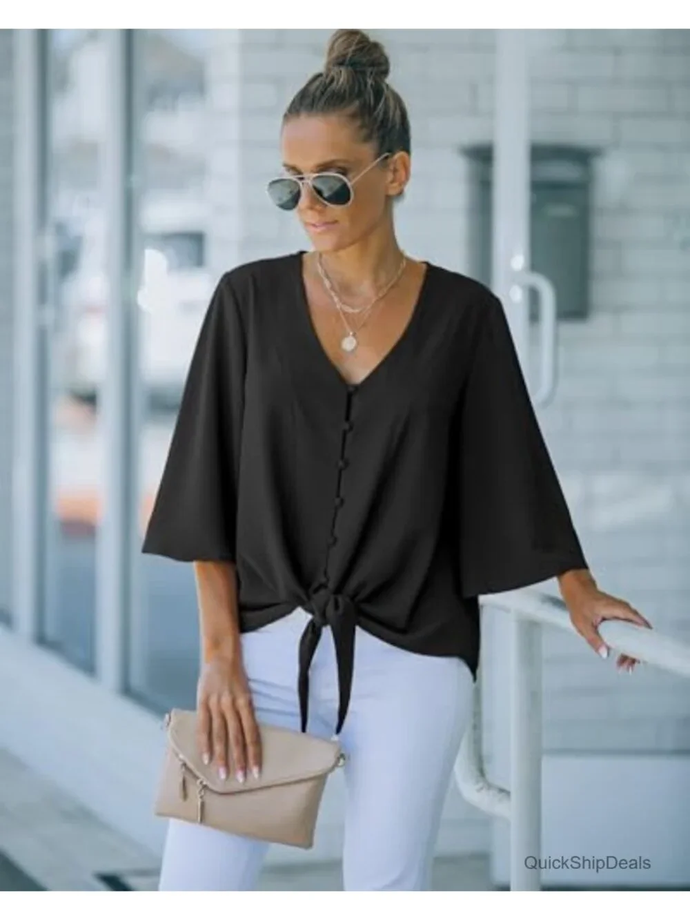 V Neck 3/4 Sleeve Tie Knot Blouse Button Down Shirt